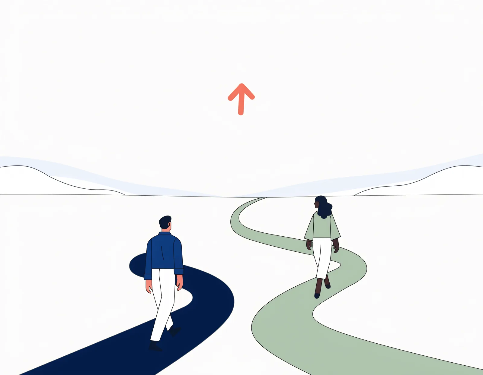 Two people walking calmly along separate paths that diverge and rise toward the horizon